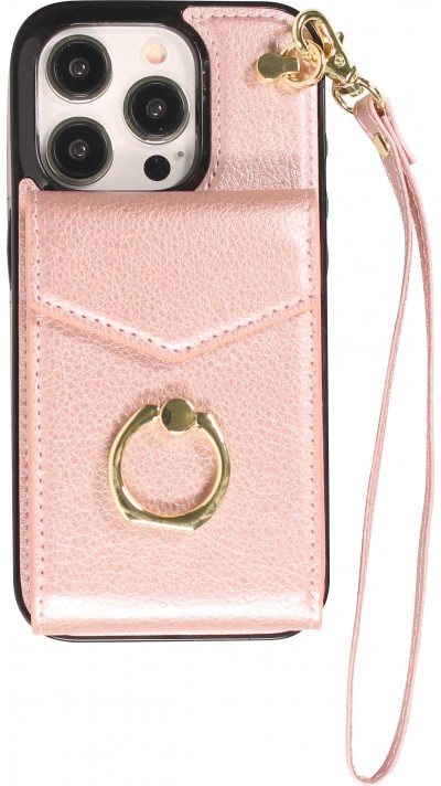 iPhone 15 Pro Case Hülle - DeLuxe elegantes Lederlook Cover mit Wallet + Tragering - Rosa