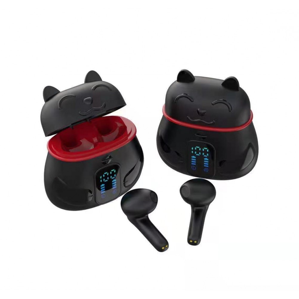 Kabellose Kopfhörer Chinesische Katze Glücksbringer Bluetooth In-Ear mit Mic. und LED - Weiss