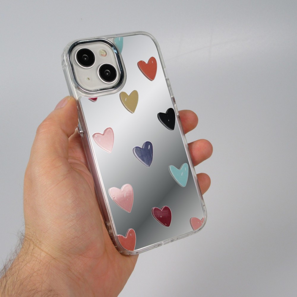 iPhone 14 Case Hülle - Transparentes Silikon Many Hearts mit Spiegeleffekt