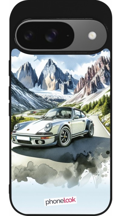 Coque Google Pixel 9 / Pixel 9 Pro - Silicone rigide noir Porsche 911 Mountain Watercolor