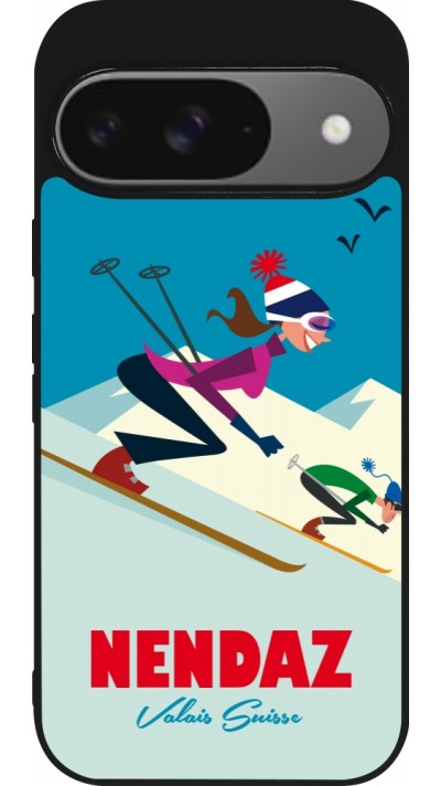 Coque Google Pixel 9 / Pixel 9 Pro - Silicone rigide noir Nendaz Ski Downhill