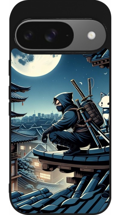 Coque Google Pixel 9 / Pixel 9 Pro - Silicone rigide noir Ninja sous la lune