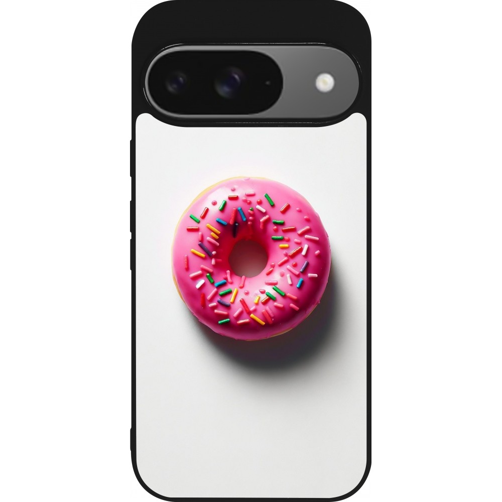 Google Pixel 9 / Pixel 9 Pro Case Hülle - Silikon schwarz Weisser Hintergrund, pinker Donut