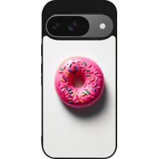 Google Pixel 9 / Pixel 9 Pro Case Hülle - Silikon schwarz Weisser Hintergrund, pinker Donut