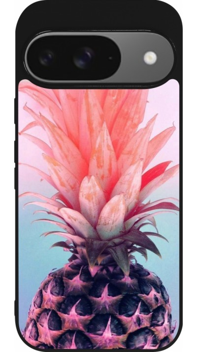 Coque Google Pixel 9 / Pixel 9 Pro - Silicone rigide noir Purple Pink Pineapple