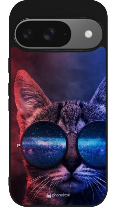 Coque Google Pixel 9 / Pixel 9 Pro - Silicone rigide noir Red Blue Cat Glasses