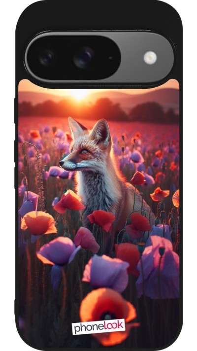 Coque Google Pixel 9 / Pixel 9 Pro - Silicone rigide noir Renard pourpre au crépuscule