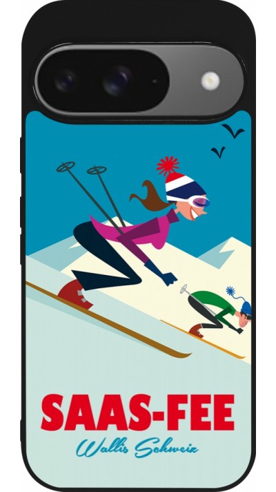 Coque Google Pixel 9 / Pixel 9 Pro - Silicone rigide noir Saas-Fee Ski Downhill