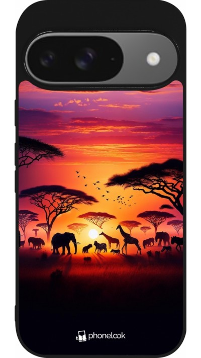 Coque Google Pixel 9 / Pixel 9 Pro - Silicone rigide noir Safari sunset wildlife