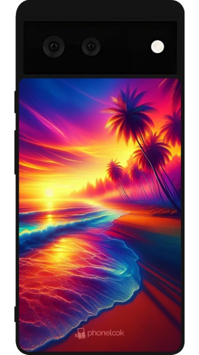 Coque Google Pixel 6 - Silicone rigide noir Plage coucher soleil flashy