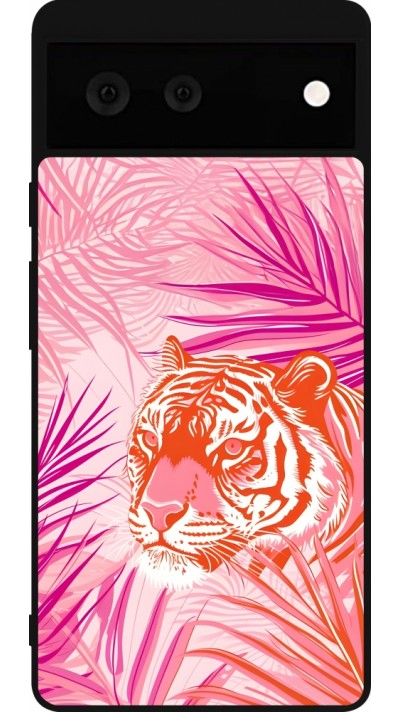Google Pixel 6 Case Hülle - Silikon schwarz Tiger Palmen rosa