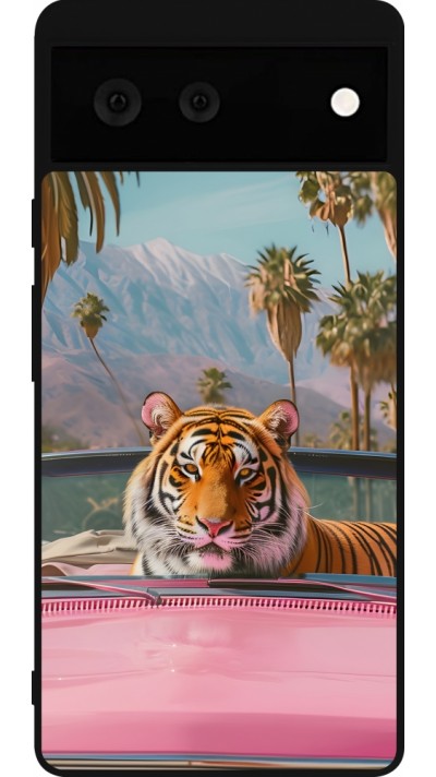Google Pixel 6 Case Hülle - Silikon schwarz Tiger Auto rosa
