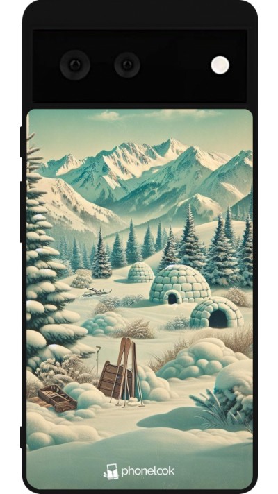 Coque Google Pixel 6 - Silicone rigide noir Vintage Snowy Mountain Igloo