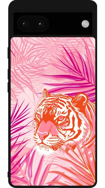 Google Pixel 6a Case Hülle - Silikon schwarz Tiger Palmen rosa