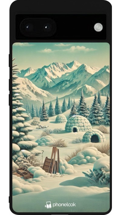 Google Pixel 6a Case Hülle - Silikon schwarz Vintage Schneebedeckter Berg Iglu