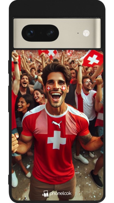 Coque Google Pixel 7 - Silicone rigide noir Supporter Suisse Euro 2024