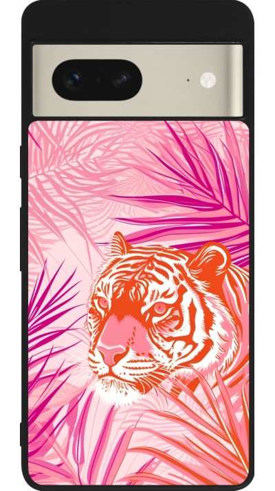 Google Pixel 7 Case Hülle - Silikon schwarz Tiger Palmen rosa