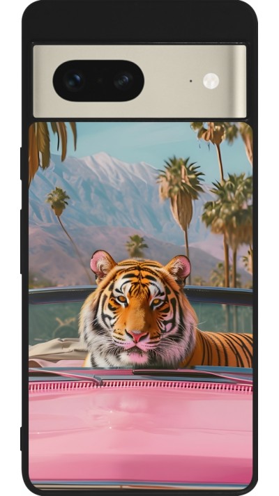 Google Pixel 7 Case Hülle - Silikon schwarz Tiger Auto rosa