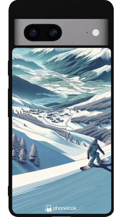 Coque Google Pixel 7a - Silicone rigide noir Snowboarder Montagne