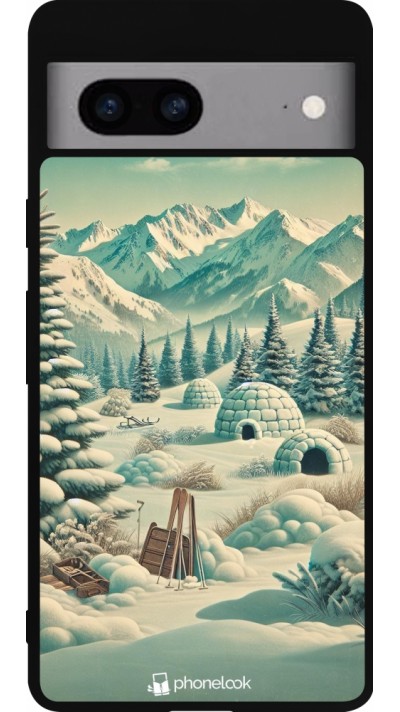 Google Pixel 7a Case Hülle - Silikon schwarz Vintage Schneebedeckter Berg Iglu