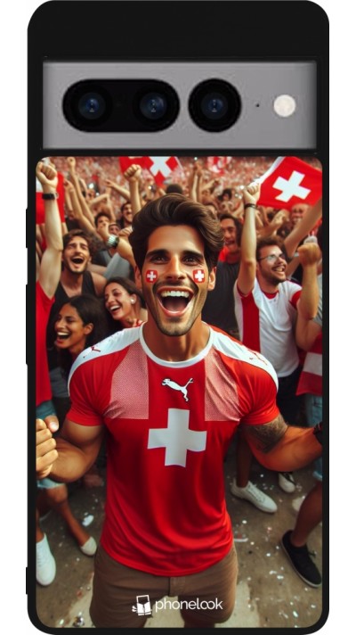 Coque Google Pixel 7 Pro - Silicone rigide noir Supporter Suisse Euro 2024