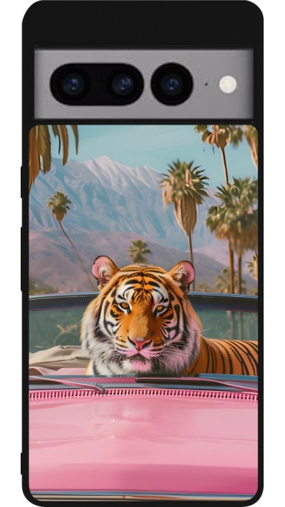 Google Pixel 7 Pro Case Hülle - Silikon schwarz Tiger Auto rosa