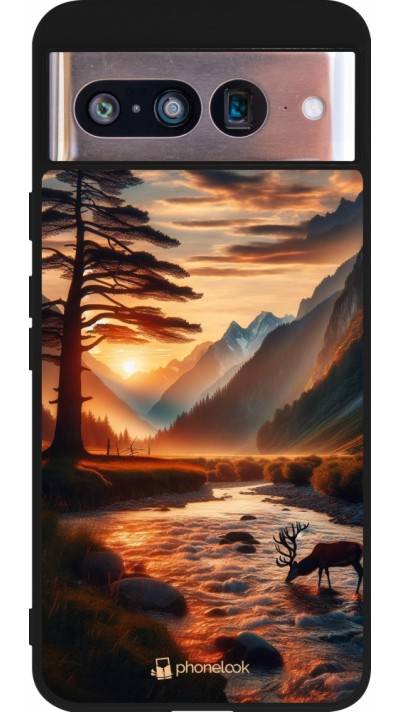 Google Pixel 8 Case Hülle - Silikon schwarz Tal Sonnenuntergang Hirsch Baum