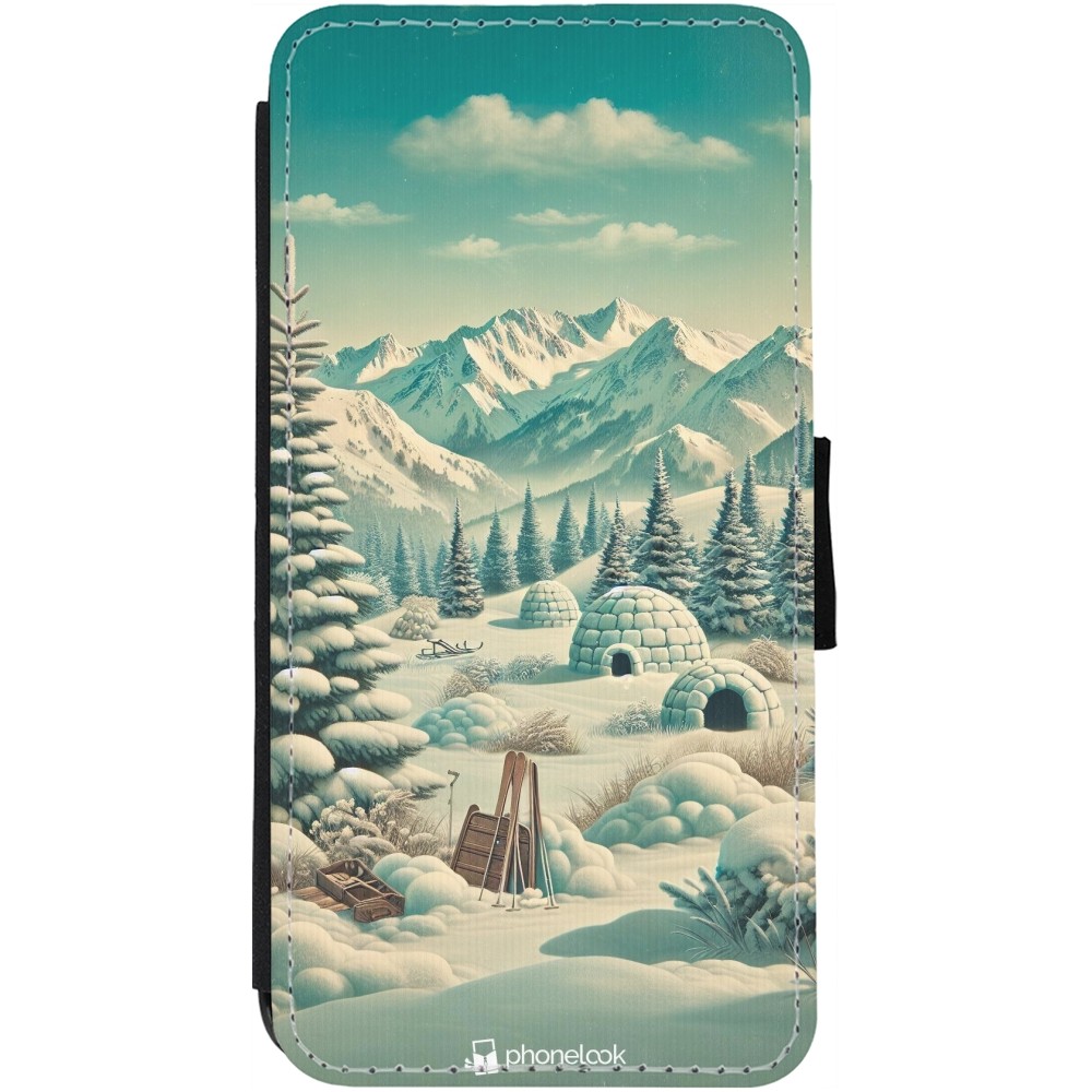 iPhone 12 Pro Max Case Hülle - Wallet schwarz Vintage Schneebedeckter Berg Iglu