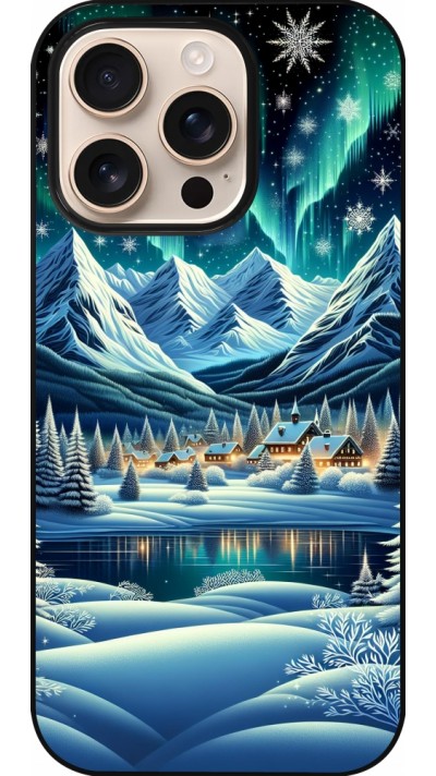 iPhone 16 Pro Case Hülle - Verschneites Bergdorf am See in der Nacht