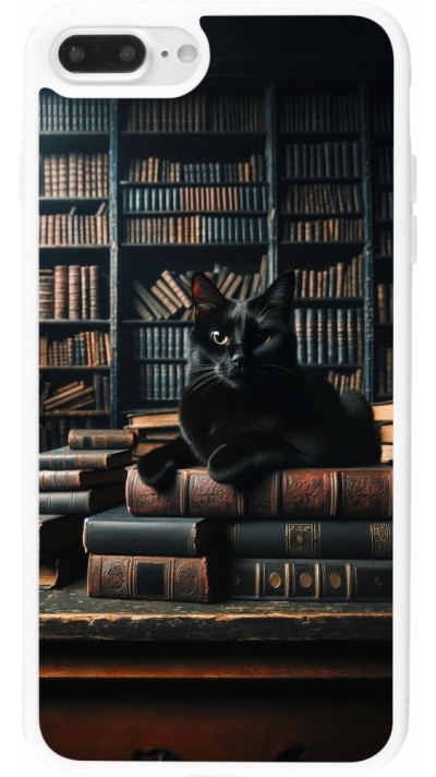 iPhone 7 Plus / 8 Plus Case Hülle - Silikon weiss Katze Bücher dunkel