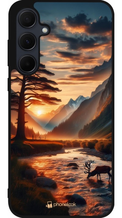 Samsung Galaxy A35 5G Case Hülle - Silikon schwarz Tal Sonnenuntergang Hirsch Baum