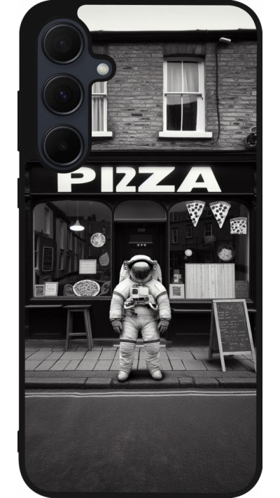 Samsung Galaxy A55 5G Case Hülle - Silikon schwarz Astronaut vor einer Pizzeria