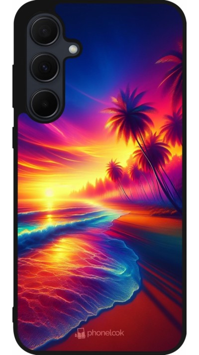 Coque Samsung Galaxy A55 5G - Silicone rigide noir Plage coucher soleil flashy