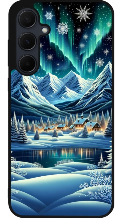 Samsung Galaxy A55 5G Case Hülle - Silikon schwarz Verschneites Bergdorf am See in der Nacht