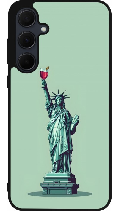 Samsung Galaxy A55 5G Case Hülle - Silikon schwarz Freiheitsstatue mit einem Glas Wein