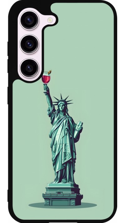 Coque Samsung Galaxy S23 FE - Silicone rigide noir Wine Statue de la liberté avec un verre de vin