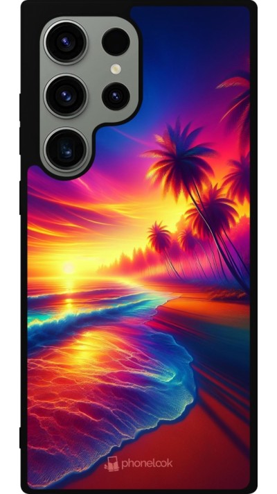 Coque Samsung Galaxy S23 Ultra - Silicone rigide noir Plage coucher soleil flashy