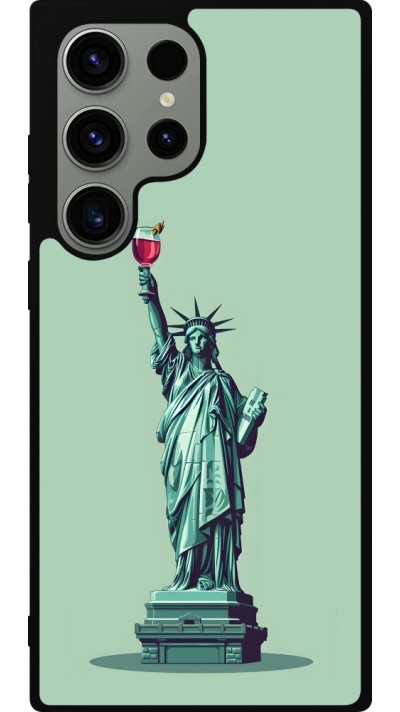 Coque Samsung Galaxy S23 Ultra - Silicone rigide noir Wine Statue de la liberté avec un verre de vin