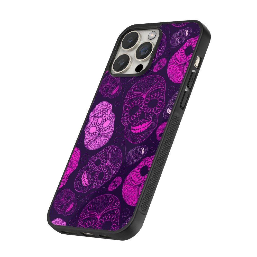 iPhone 14 Pro Max Case Hülle - Silikon schwarz Halloween 2023 pink skulls