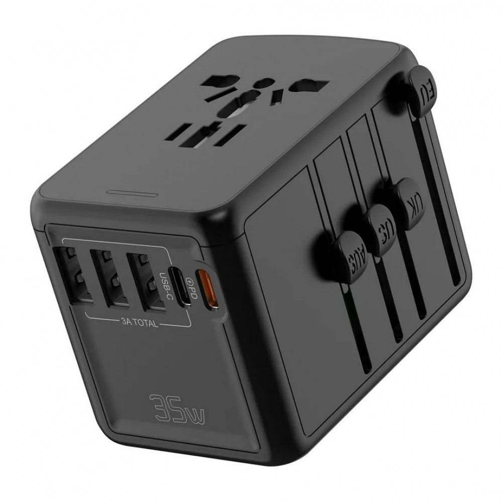 Adaptateur de voyage 35W multiprise CH-UE-UK-US-AU 3x USB-A et 2x USB-C PowerDelivery - Noir