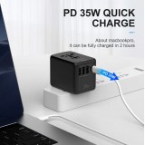 Adaptateur de voyage 35W multiprise CH-UE-UK-US-AU 3x USB-A et 2x USB-C PowerDelivery - Noir