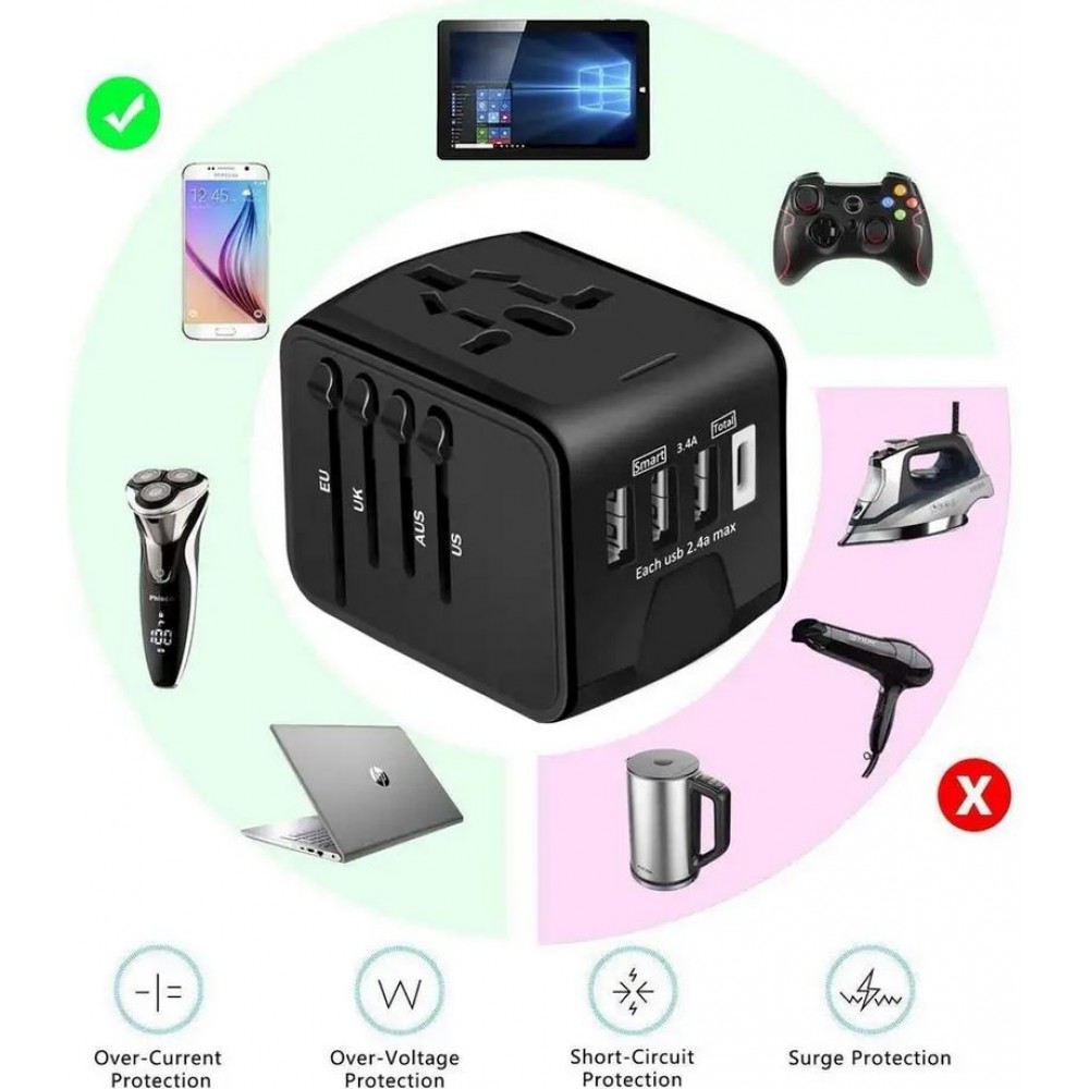 Adaptateur universel de voyage USB-A & USB-C pour CH-EU-UK-AUS-USA - Noir