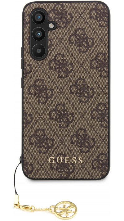 Samsung Galaxy A54 5G Case Hülle - Guess Leinwand Kunstleder Monogramm goldenen Metall-Logo mit Charm Anhänger - Braun