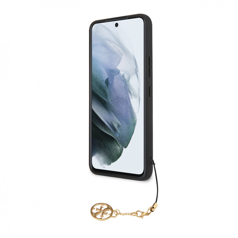 Samsung Galaxy A55 5G Case Hülle - Guess Leinwand Kunstleder Monogramm goldenen Metall-Logo mit Charm Anhänger - Schwarz