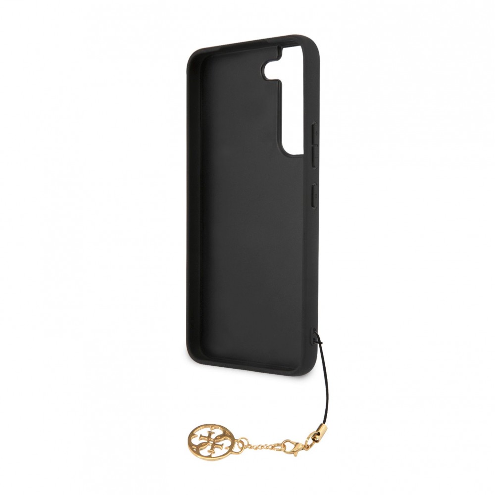 Samsung Galaxy A55 5G Case Hülle - Guess Leinwand Kunstleder Monogramm goldenen Metall-Logo mit Charm Anhänger - Schwarz