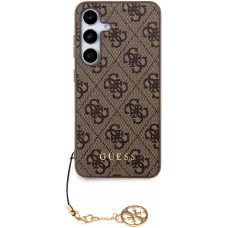 Samsung Galaxy A55 5G Case Hülle - Guess Leinwand Kunstleder Monogramm goldenen Metall-Logo mit Charm Anhänger - Braun