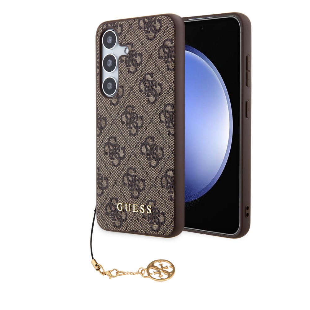 Samsung Galaxy A55 5G Case Hülle - Guess Leinwand Kunstleder Monogramm goldenen Metall-Logo mit Charm Anhänger - Braun