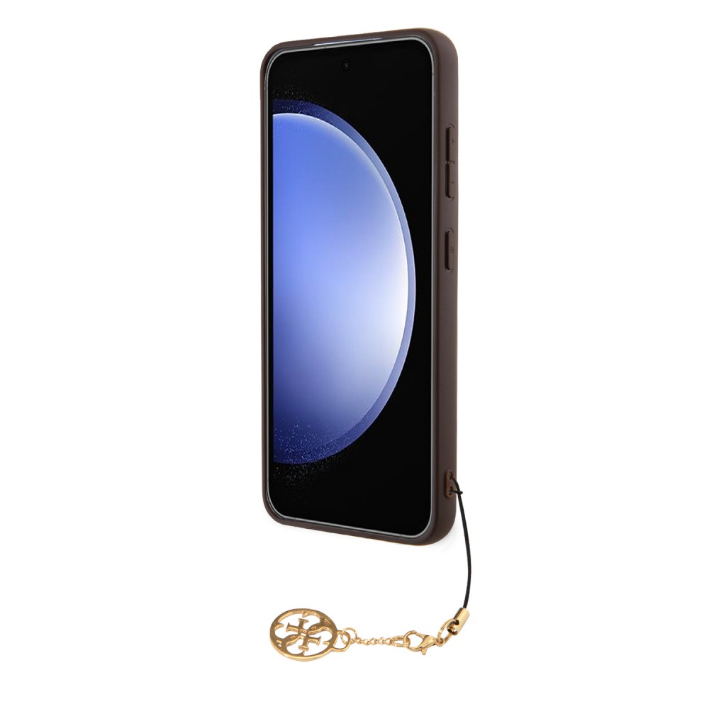 Samsung Galaxy A55 5G Case Hülle - Guess Leinwand Kunstleder Monogramm goldenen Metall-Logo mit Charm Anhänger - Braun