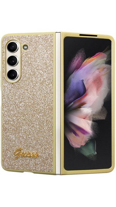 Coque Samsung Galaxy Z Fold5 - Guess paillettes or avec logo en métal doré - Or