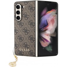 Coque Samsung Galaxy Z Fold5 - Guess toile similicuir monogramme logo métallique doré avec pendentif charm - Brun